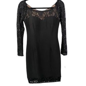 Sz 6 Betsy & Adam Black Sequin Illusion Lace Sheath Dress